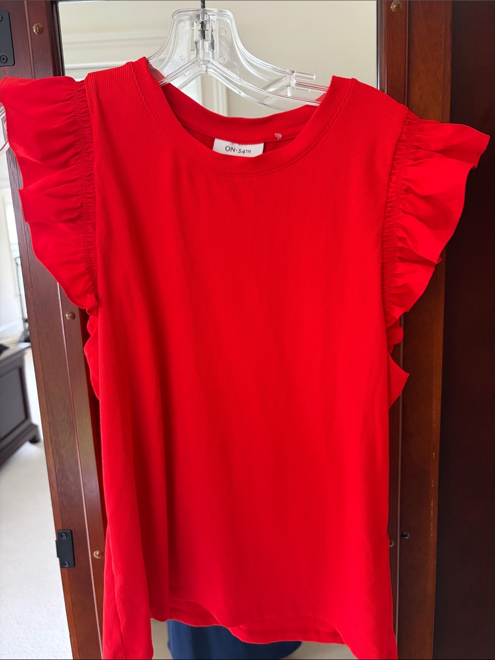 Red Ribbed & Ruffle Sleeve Top